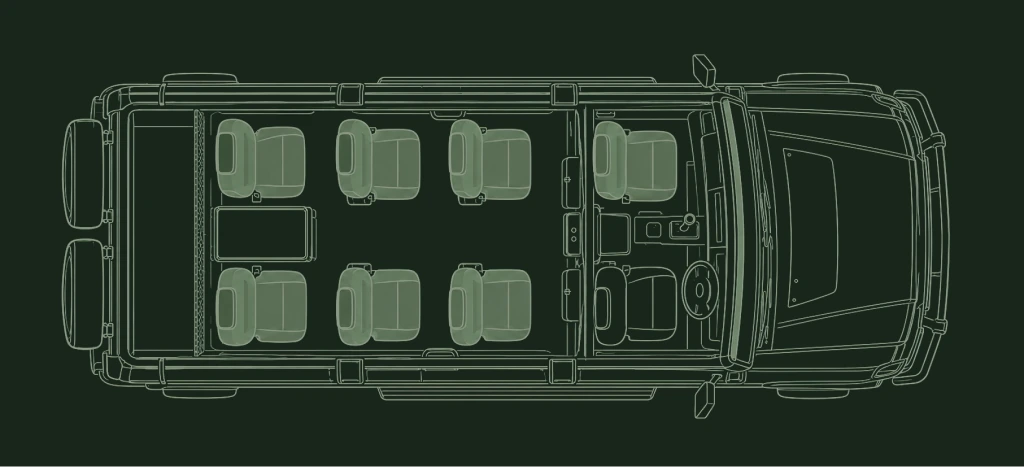 Sittlayout i safarifordon för 7 passagerare